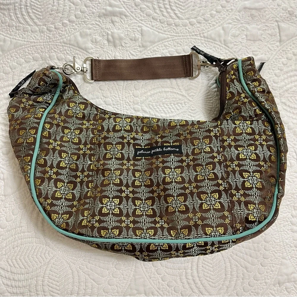 PETUNIA PICKLE BOTTOM Touring Tote Teal Brown Gold Brocade Accessories Included